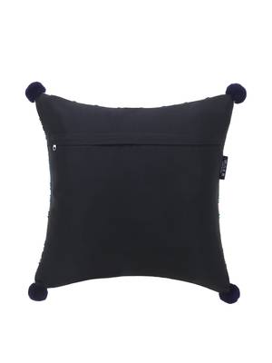 Dazzle Collection by Mezposh : Blue & Multi Acrylic Lurex Jacquard Ethnic Motifs Cushion Cover with Pompoms (16x16in) 2