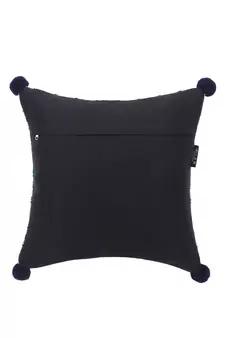 Dazzle Collection by Mezposh : Blue & Multi Acrylic Lurex Jacquard Ethnic Motifs Cushion Cover with Pompoms (16x16in)