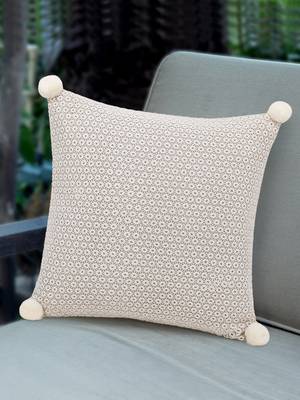 Rasta Collection by Mezposh : Natural Cotton Self Design Cushion Cover with Pompoms (16x16in) 1