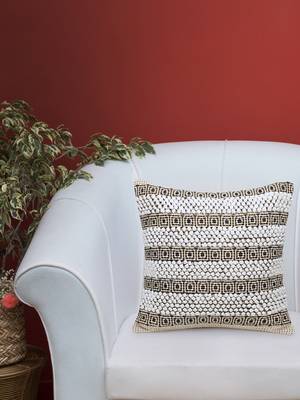 Stave Collection by Mezposh : Natural & Beige Cotton Jacquard Cushion Cover with Striped Pattern (18x18in) 1