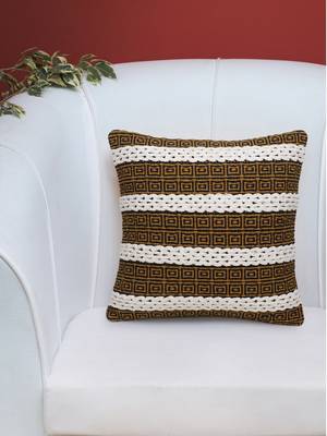 Stave Collection by Mezposh : Natural & Mustard Cotton Jacquard Cushion Cover with Striped Pattern (18x18in) 1