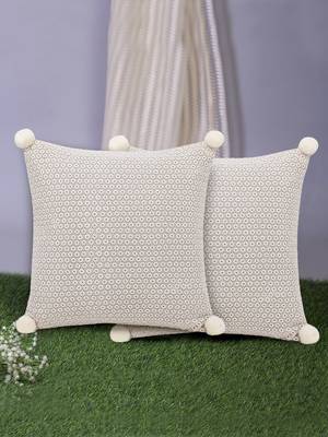 Rasta Collection by Mezposh : Natural Cotton Self Design Cushion Cover with Pompoms (16x16in) Set of 2 1