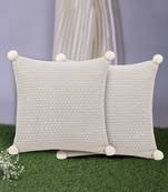 Rasta Collection by Mezposh : Natural Cotton Self Design Cushion Cover with Pompoms (16x16in) Set of 2