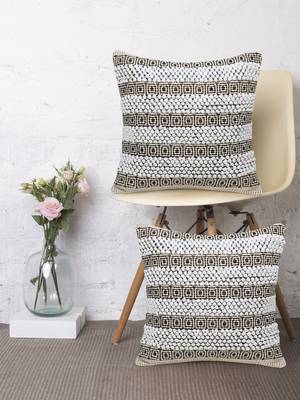 Stave Collection by Mezposh : Natural & Beige Cotton Jacquard Cushion Cover with Striped Pattern (18x18in) Set of 2 1