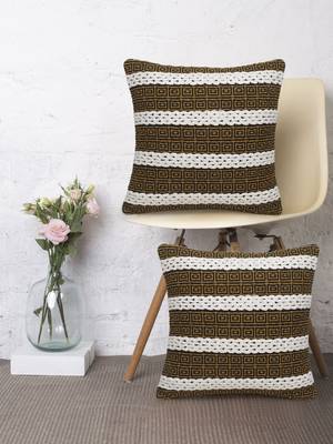 Stave Collection by Mezposh : Natural & Mustard Cotton Jacquard Cushion Cover with Striped Pattern (18x18in) Set of 2 1