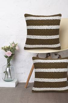 Stave Collection by Mezposh : Natural & Mustard Cotton Jacquard Cushion Cover with Striped Pattern (18x18in) Set of 2