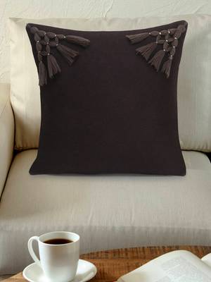 Mezposh Motley Chocolate Brown Pure Wool Solid Self Design Tasselled Cushion Cover (16"x16") 1