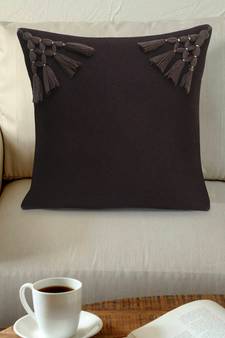 Mezposh Motley Chocolate Brown Pure Wool Solid Self Design Tasselled Cushion Cover (16"x16")