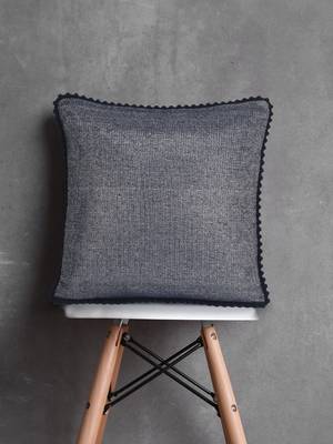 Mezposh Dazzle Dazzle Grey & Navy Cotton Lurex Solid Self Design Pompom Cushion Cover (16"X16") 1
