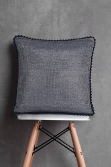 Mezposh Dazzle Dazzle Grey & Navy Cotton Lurex Solid Self Design Pompom Cushion Cover (16"X16")