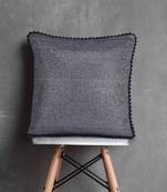 Mezposh Dazzle Dazzle Grey & Navy Cotton Lurex Solid Self Design Pompom Cushion Cover (16"X16")