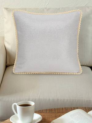 Mezposh Dazzle Dazzle Silver & natural Cotton Lurex Solid Self Design Pompom Cushion Cover (16"X16") 1
