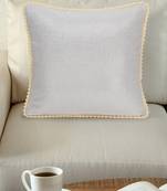 Mezposh Dazzle Dazzle Silver & natural Cotton Lurex Solid Self Design Pompom Cushion Cover (16"X16")
