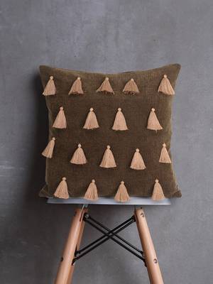 Mezposh Droplet Brown Cotton Velvet Solid Self Design Tasselled Cushion Cover (16"X16") 1