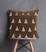 Mezposh Droplet Brown Cotton Velvet Solid Self Design Tasselled Cushion Cover (16"X16")