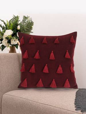 Mezposh Droplet Wine Cotton Velvet Solid Self Design Tasselled Cushion Cover (16"X16") 1