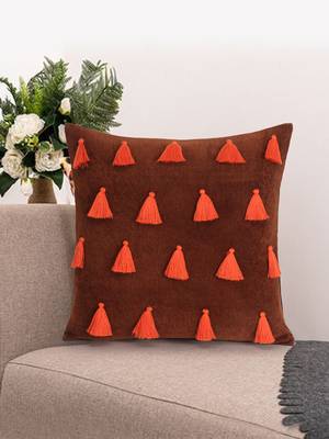 Mezposh Droplet Rust & Orange Cotton Velvet Solid Self Design Tasselled Cushion Cover (16"X16") 1