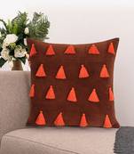 Mezposh Droplet Rust & Orange Cotton Velvet Solid Self Design Tasselled Cushion Cover (16"X16")
