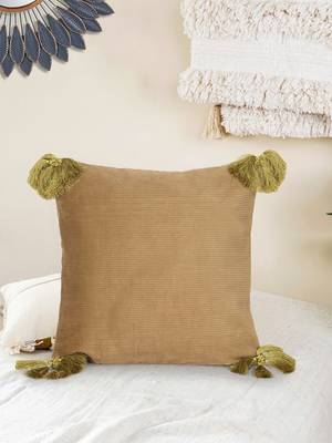 Mezposh Motley Beige & Green Cotton Corduroy Striped Tasselled Cushion Cover (16"x16") 1