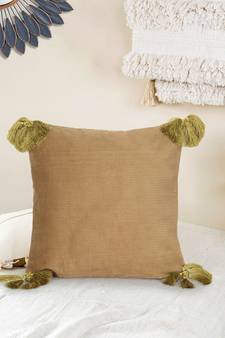 Mezposh Motley Beige & Green Cotton Corduroy Striped Tasselled Cushion Cover (16"x16")