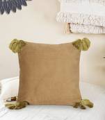 Mezposh Motley Beige & Green Cotton Corduroy Striped Tasselled Cushion Cover (16"x16")