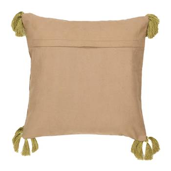 Mezposh Motley Beige & Green Cotton Corduroy Striped Tasselled Cushion Cover (16"x16") 2