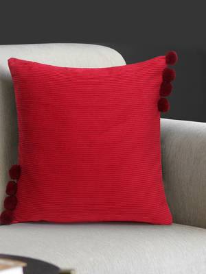 Mezposh Motley Maroon Cotton Corduroy Striped Pompom Cushion Cover (16"x16") 1