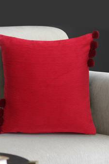 Mezposh Motley Maroon Cotton Corduroy Striped Pompom Cushion Cover (16"x16")