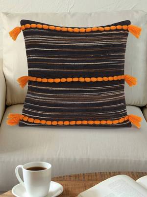 Mezposh Motley Brown & Rust Cotton Velvet Self Design Tasselled Cushion Cover (16"x16") 1