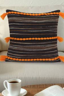 Mezposh Motley Brown & Rust Cotton Velvet Self Design Tasselled Cushion Cover (16"x16")