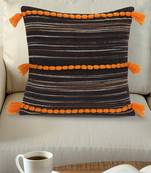 Mezposh Motley Brown & Rust Cotton Velvet Self Design Tasselled Cushion Cover (16"x16")