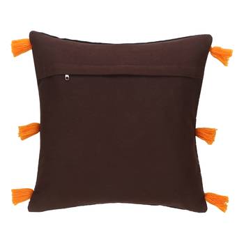 Mezposh Motley Brown & Rust Cotton Velvet Self Design Tasselled Cushion Cover (16"x16") 2
