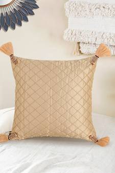 Mezposh Rasta Beige Polyester Quilted Checked Tasselled Cushion Cover (12"x12")