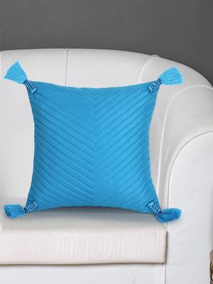 Mezposh Rasta Blue Polyester Quilted Geometric Tasselled Cushion Cover (12"x12") 1
