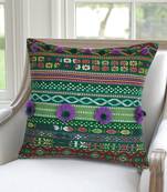 Mezposh Tribal Green & Multi Acrylic Jacquard Pompom Cushion Cover (16"x16")