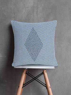 Mezposh Indigo Blue & White Polycotton Jacquard Embellished Cushion Cover (16"x16") 1