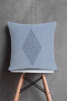 Mezposh Indigo Blue & White Polycotton Jacquard Embellished Cushion Cover (16"x16")