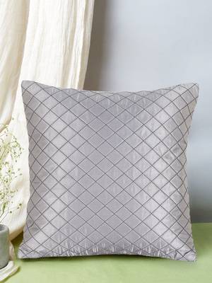 Mezposh Rasta Grey Satin (Polyester) Checked Quilted Cushion Cover (14"X14") 1