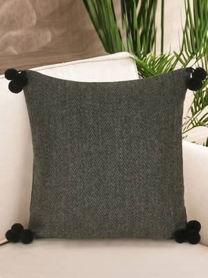 Mezposh Motley Grey Wool Solid Self Design Pompom Cushion Cover (16"x16") 1