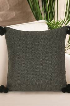 Mezposh Motley Grey Wool Solid Self Design Pompom Cushion Cover (16"x16")