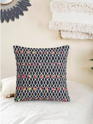 Mezposh Acoustic Black White & Multi Cotton Jacquard Quirky Pompom Cushion Cover (16"x16") 1