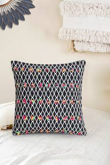 Mezposh Acoustic Black White & Multi Cotton Jacquard Quirky Pompom Cushion Cover (16"x16")