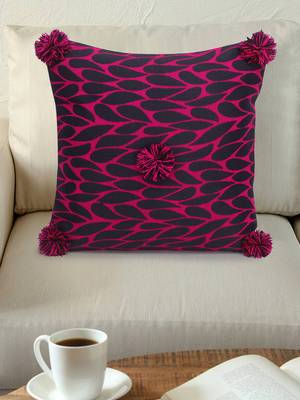 Mezposh Nomad Pink & Black Polyester Jacquard Quirky Pompom Cushion Cover (16"x16") 1