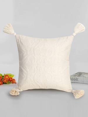 Mezposh Rasta Natural Cotton Self Design Tasselled Cushion Cover (12"X12") 1
