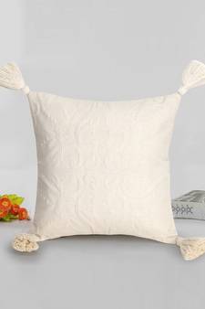 Mezposh Rasta Natural Cotton Self Design Tasselled Cushion Cover (12"X12")