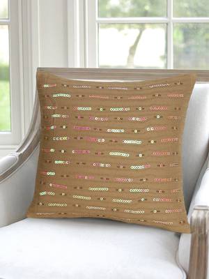 Mezposh Dazzle Beige Cotton Handloom Striped Embellished Cushion Cover (16"x16") 1