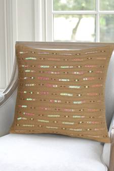 Mezposh Dazzle Beige Cotton Handloom Striped Embellished Cushion Cover (16"x16")