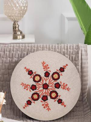 Natural & Red Cotton Floral Embroidered Cushion Cover (16") 1