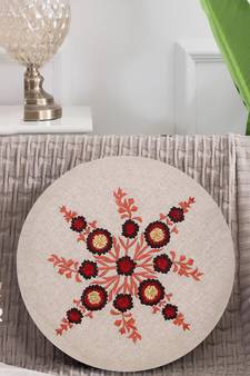 Natural & Red Cotton Floral Embroidered Cushion Cover (16")