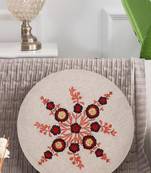 Natural & Red Cotton Floral Embroidered Cushion Cover (16")